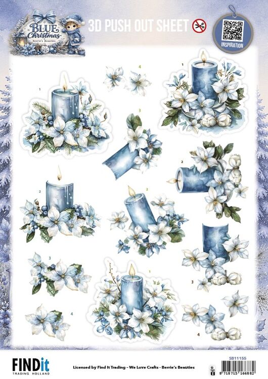 3D-Pushout-Bogen – Berries Beauties – Blue Christmas – Blaue Kerzen und weiße Weihnachtssterne