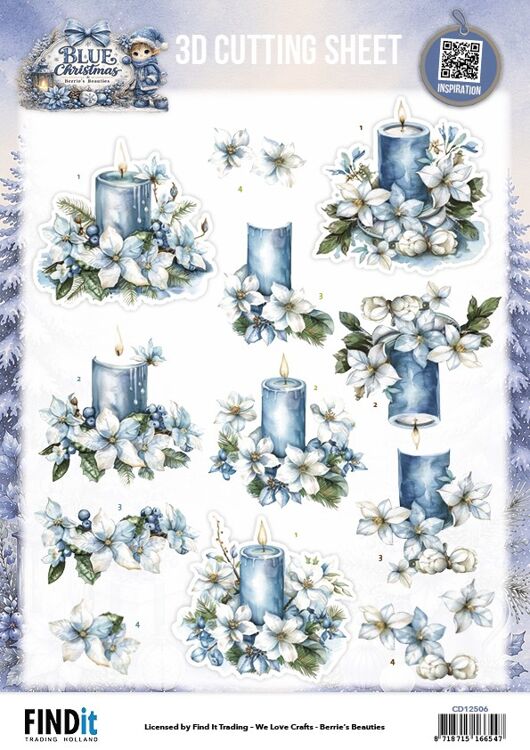 3D-Stanzbogen – Berries Beauties – Blue Christmas – Blaue Kerzen und weiße Weihnachtssterne