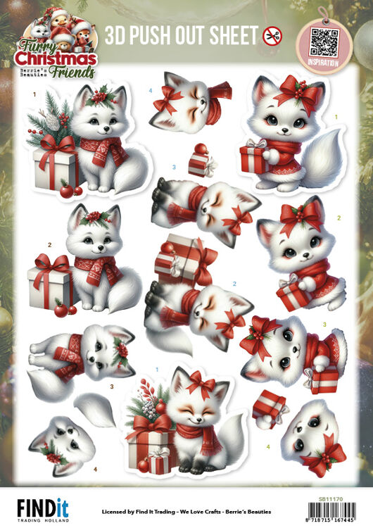 3D Pushout Sheet - Berries Beauties - Furry Christmas Friends - Christmas White Fox