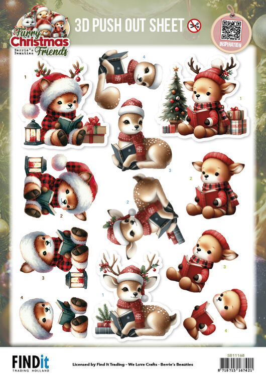 3D Pushout Sheet - Berries Beauties - Furry Christmas Friends - Christmas Deer