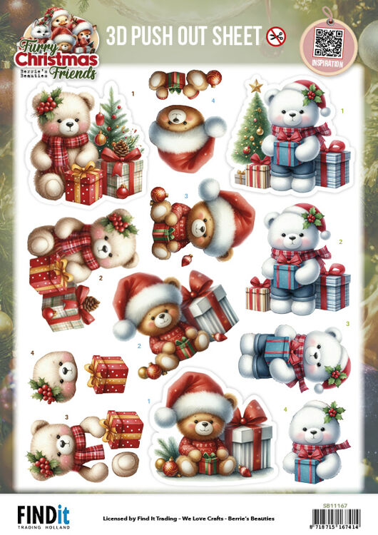 3D Pushout Sheet - Berries Beauties - Furry Christmas Friends - Christmas Bear